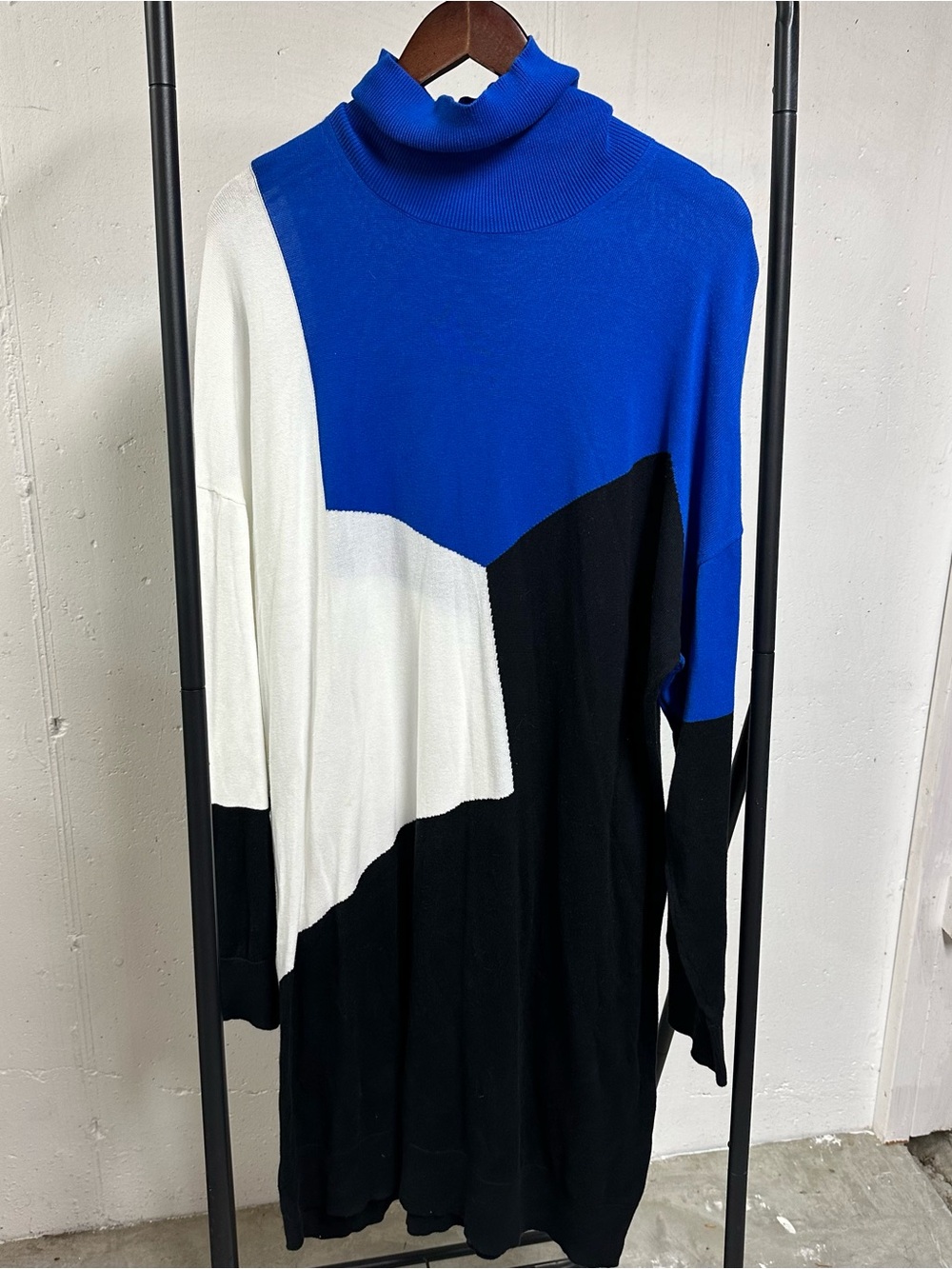 Joan Vass Blue White Black Colorblock Turtleneck Sweater Dress